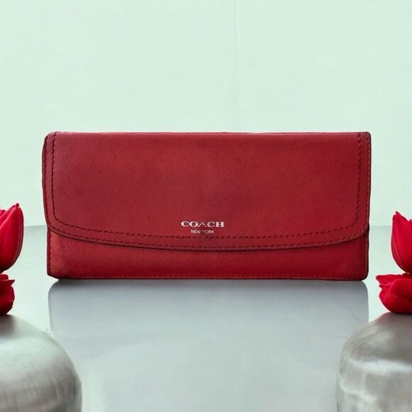 Coach Legacy Leather Envelope Slim Wallet Clutch Red Fuscia - Picture 1 of 14